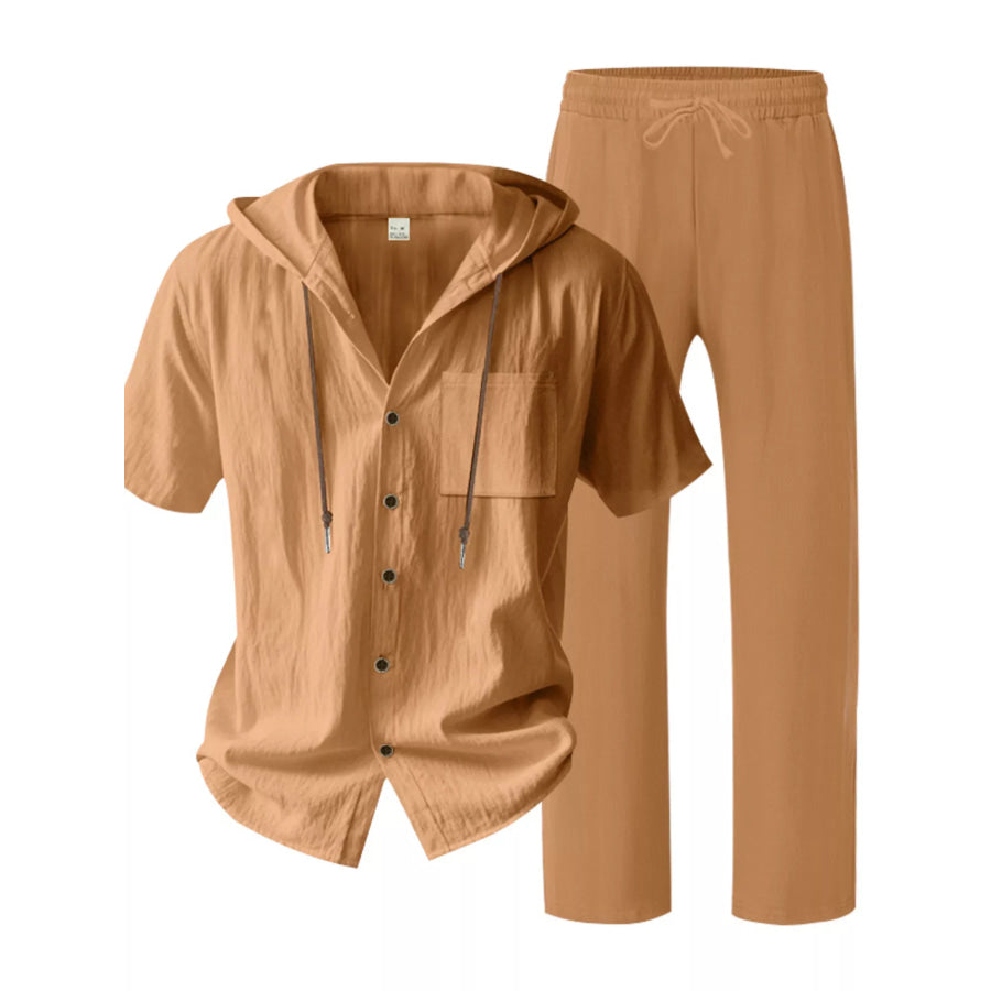 Men’s Full Size Casual Hooded Short Sleeve Shirt and Pants Two-Piece Set Plus Size Ochre / S Apparel and Accessories