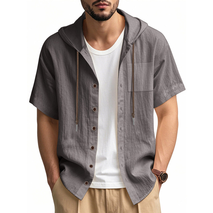 Men’s Full Size Casual Hooded Short-Sleeve Shirt Plus Size Dark Gray / S Apparel and Accessories