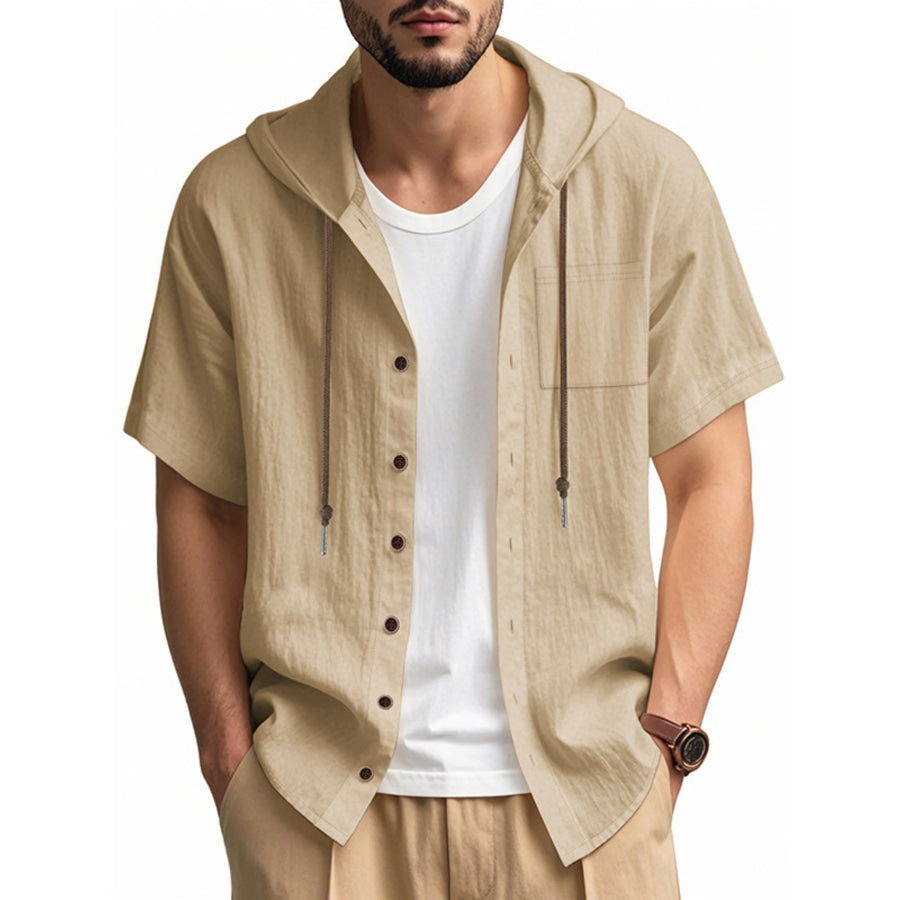 Men’s Full Size Casual Hooded Short-Sleeve Shirt Plus Size Khaki / S Apparel and Accessories