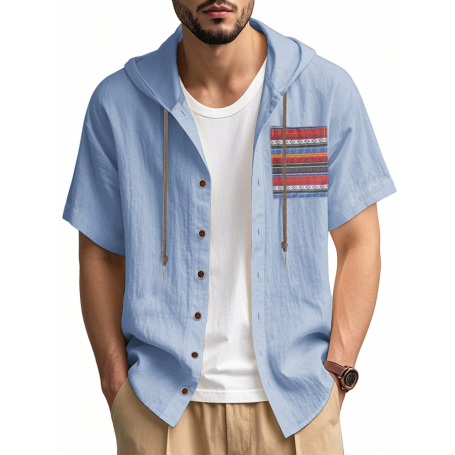 Men’s Full Size Casual Hooded Short Sleeve Shirt Plus Size Light Blue / S Apparel and Accessories