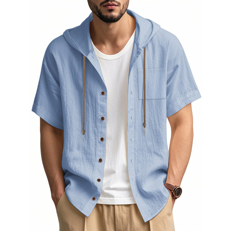 Men’s Full Size Casual Hooded Short-Sleeve Shirt Plus Size Light Blue / S Apparel and Accessories