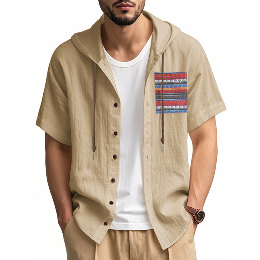 Men’s Full Size Casual Hooded Short Sleeve Shirt Plus Size Light Khaki / S Apparel and Accessories