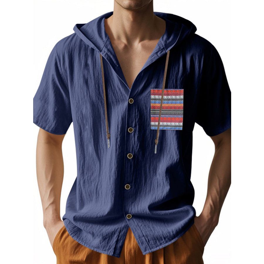 Men’s Full Size Casual Hooded Short Sleeve Shirt Plus Size Navy Blue / S Apparel and Accessories