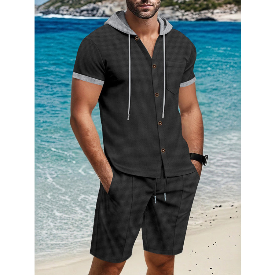 Men’s Full Size Casual Hooded Top & Shorts Set Plus Size Black / S Apparel and Accessories