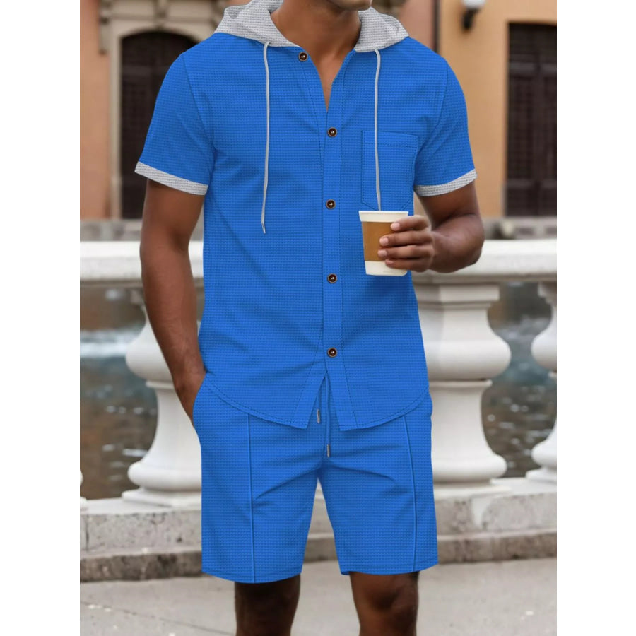 Men’s Full Size Casual Hooded Top & Shorts Set Plus Size Blue / S Apparel and Accessories