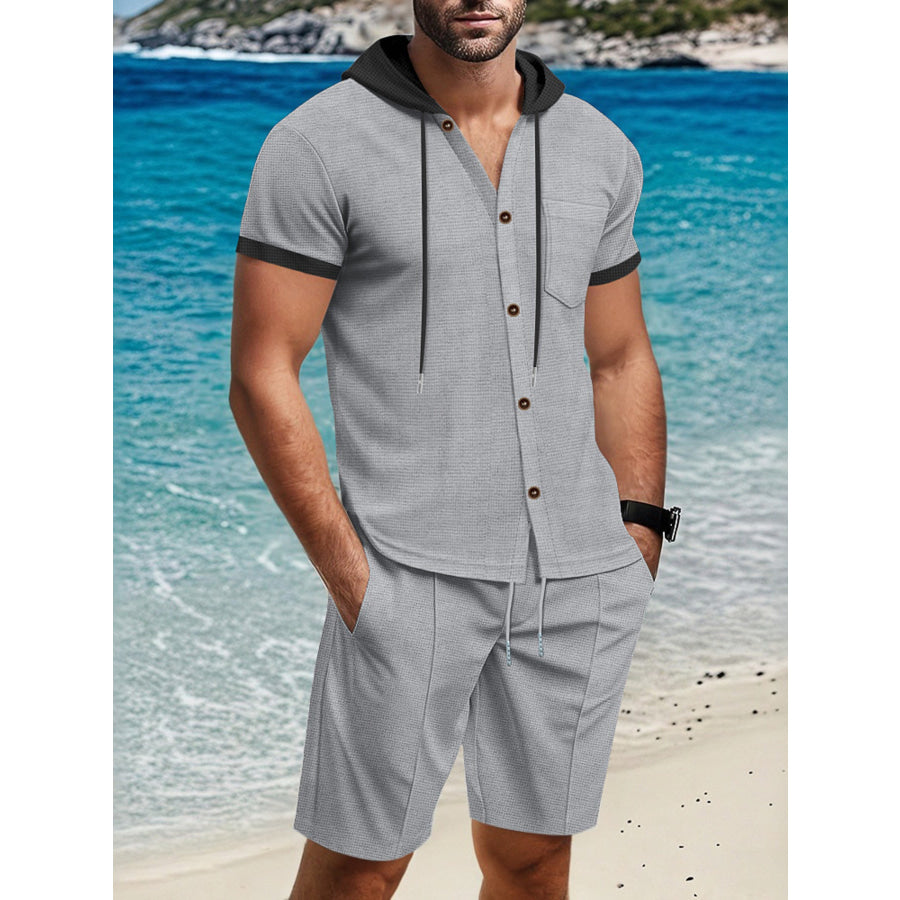 Men’s Full Size Casual Hooded Top & Shorts Set Plus Size Grey / S Apparel and Accessories