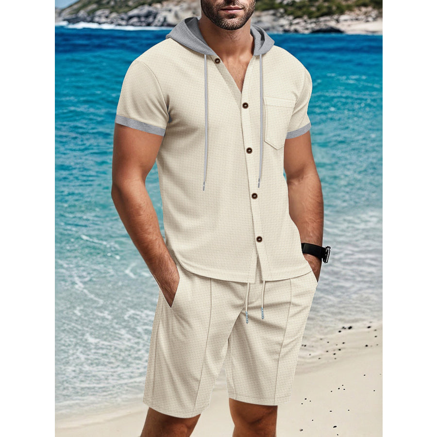 Men’s Full Size Casual Hooded Top & Shorts Set Plus Size Khaki / S Apparel and Accessories