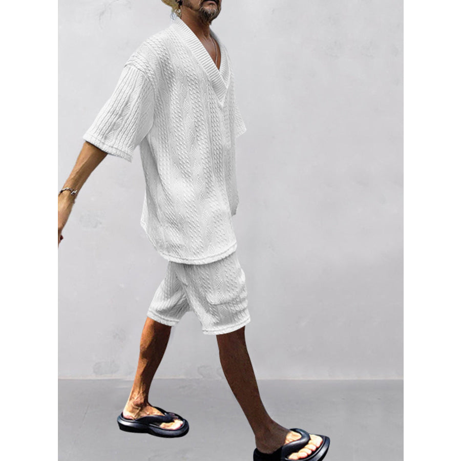 Men’s Full Size Casual Knit V-Neck Short Sleeve Top and Shorts Set Plus Size Apparel and Accessories