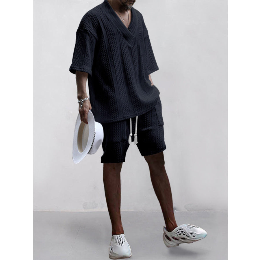 Men’s Full Size Casual Knit V-Neck Short Sleeve Top and Shorts Set Plus Size Apparel and Accessories