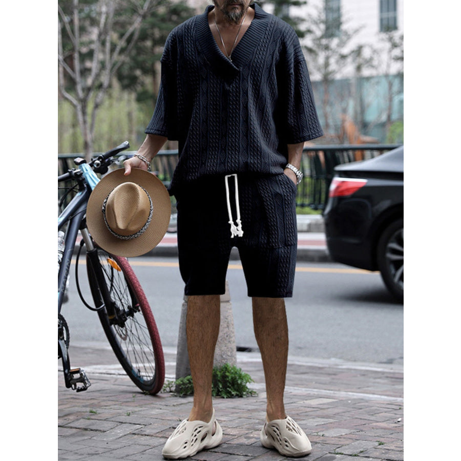 Men’s Full Size Casual Knit V-Neck Short Sleeve Top and Shorts Set Plus Size Apparel and Accessories