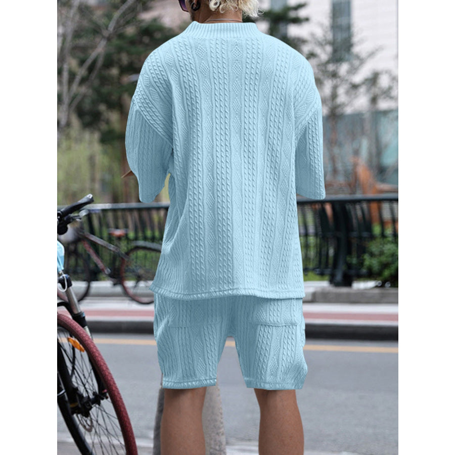 Men’s Full Size Casual Knit V-Neck Short Sleeve Top and Shorts Set Plus Size Apparel and Accessories