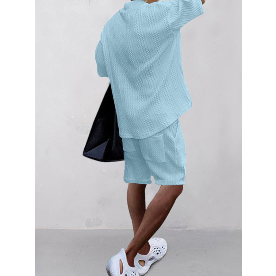 Men’s Full Size Casual Knit V-Neck Short Sleeve Top and Shorts Set Plus Size Apparel and Accessories