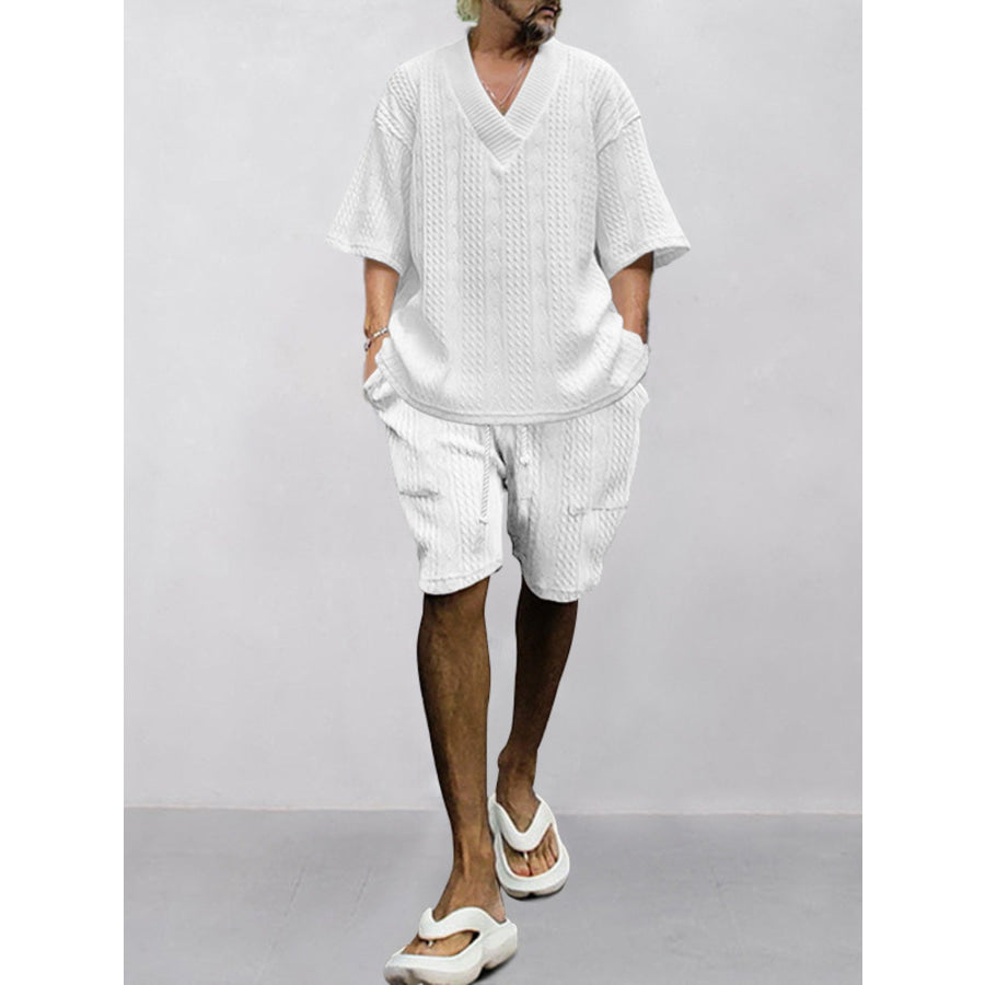 Men’s Full Size Casual Knit V-Neck Short Sleeve Top and Shorts Set Plus Size Apparel and Accessories