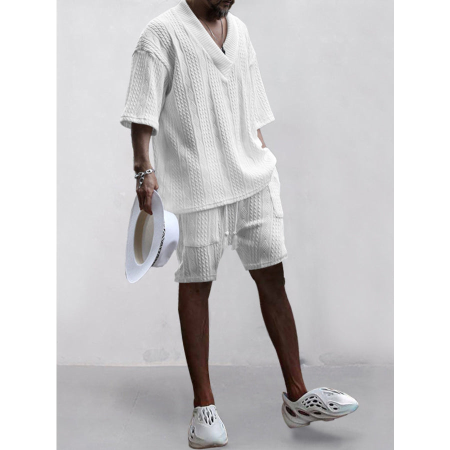 Men’s Full Size Casual Knit V-Neck Short Sleeve Top and Shorts Set Plus Size Apparel and Accessories