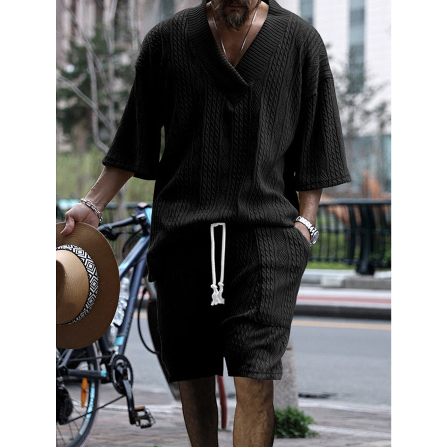 Men’s Full Size Casual Knit V-Neck Short Sleeve Top and Shorts Set Plus Size Black / S Apparel and Accessories