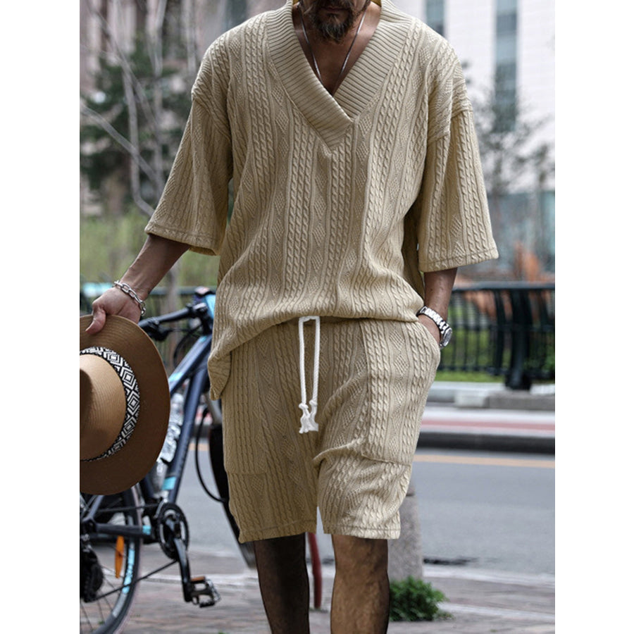 Men’s Full Size Casual Knit V-Neck Short Sleeve Top and Shorts Set Plus Size Khaki / S Apparel and Accessories