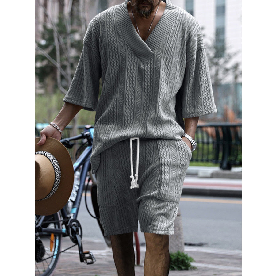 Men’s Full Size Casual Knit V-Neck Short Sleeve Top and Shorts Set Plus Size Light Gray / S Apparel and Accessories