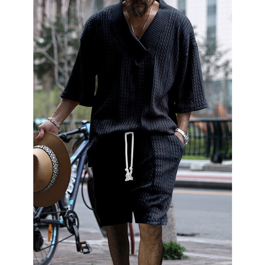 Men’s Full Size Casual Knit V-Neck Short Sleeve Top and Shorts Set Plus Size Navy Blue / S Apparel and Accessories