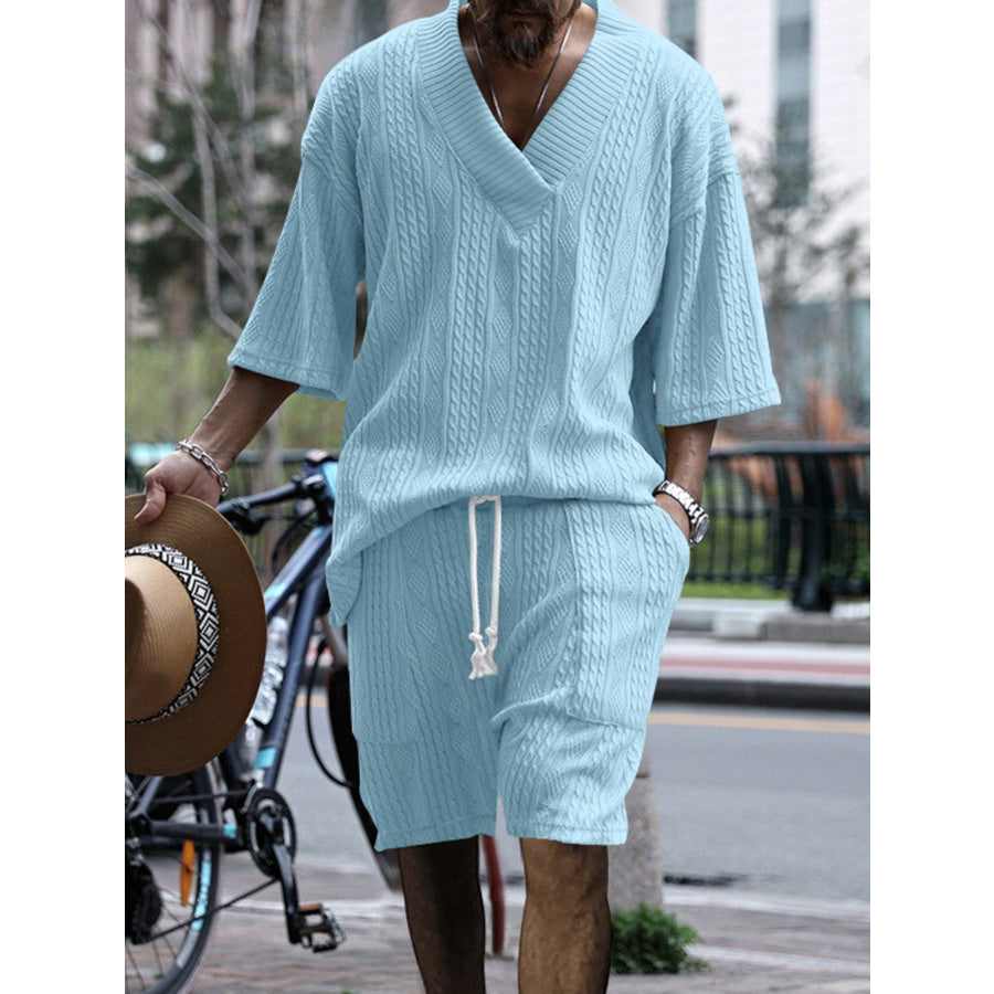 Men’s Full Size Casual Knit V-Neck Short Sleeve Top and Shorts Set Plus Size Sky Blue / S Apparel and Accessories