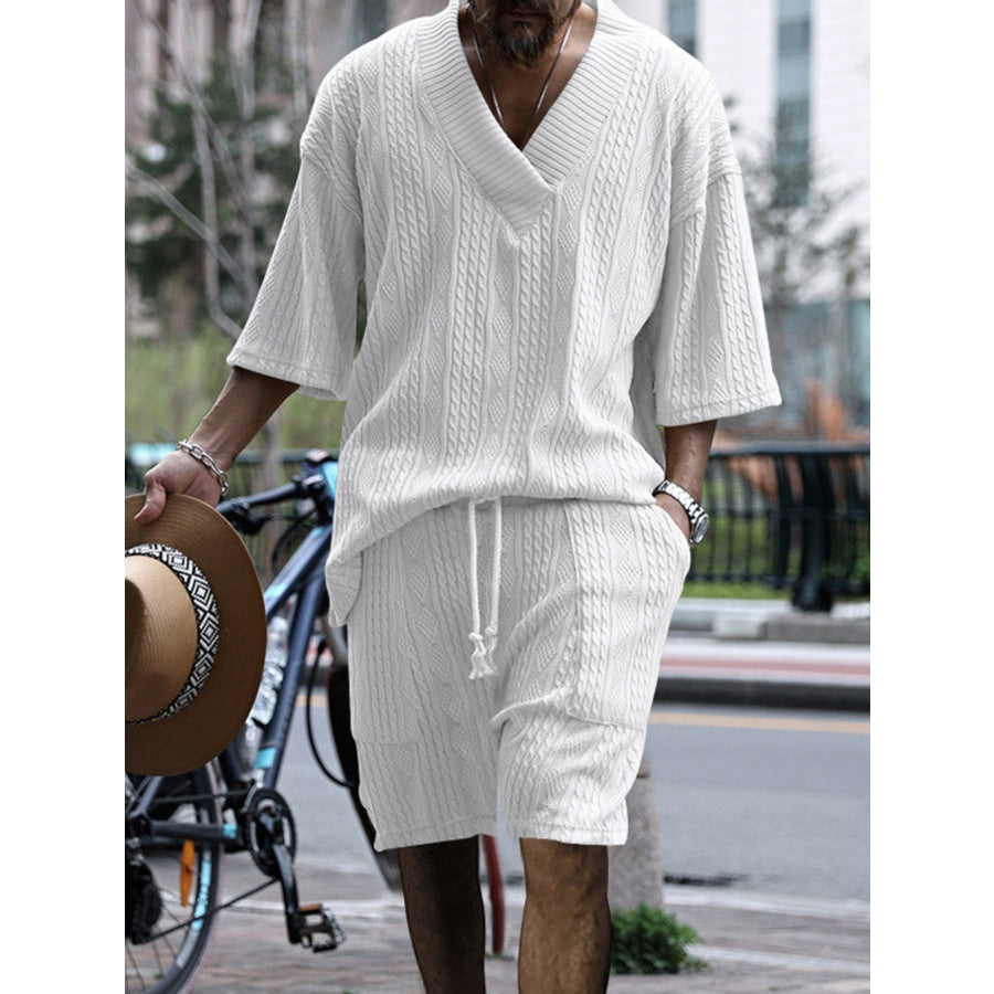 Men’s Full Size Casual Knit V-Neck Short Sleeve Top and Shorts Set Plus Size White / S Apparel and Accessories