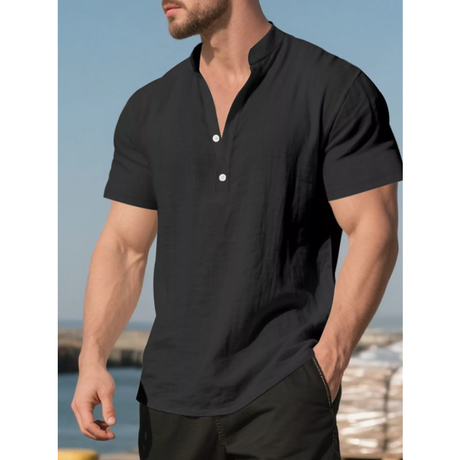 Men’s Full Size Casual Linen Blend Short Sleeve Shirt Plus Size Black / S Apparel and Accessories