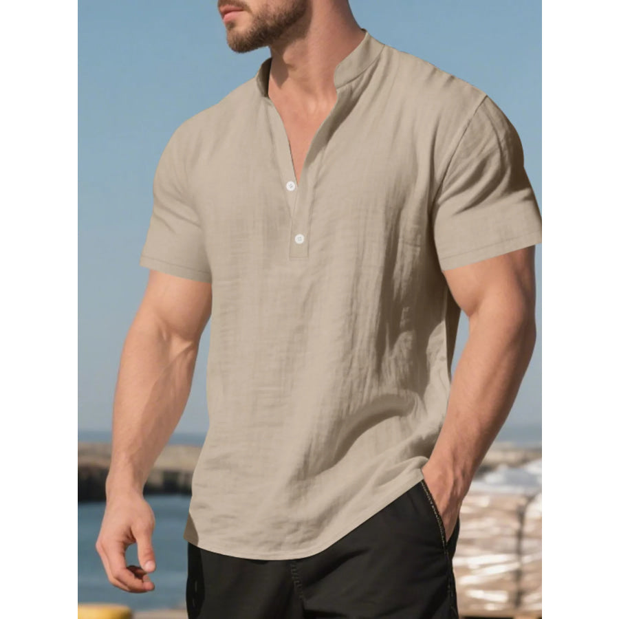 Men’s Full Size Casual Linen Blend Short Sleeve Shirt Plus Size Khaki / S Apparel and Accessories