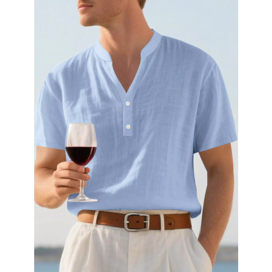 Men’s Full Size Casual Linen Blend Short Sleeve Shirt Plus Size Light Blue / S Apparel and Accessories