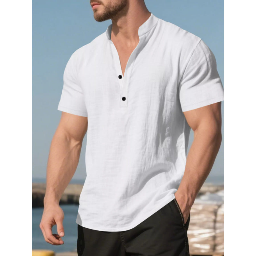 Men’s Full Size Casual Linen Blend Short Sleeve Shirt Plus Size White / S Apparel and Accessories