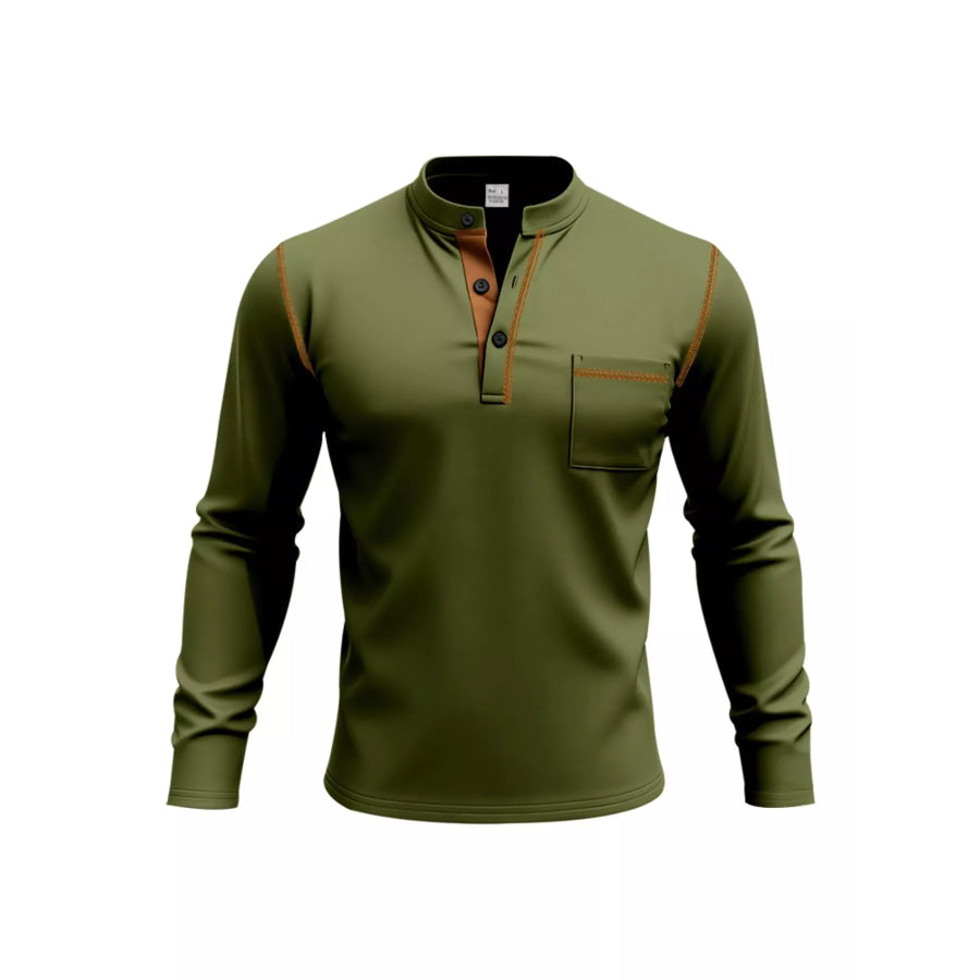 Men’s Full Size Casual Long Sleeve Henley T-Shirt with Pocket Plus Army Green / S Apparel and Accessories