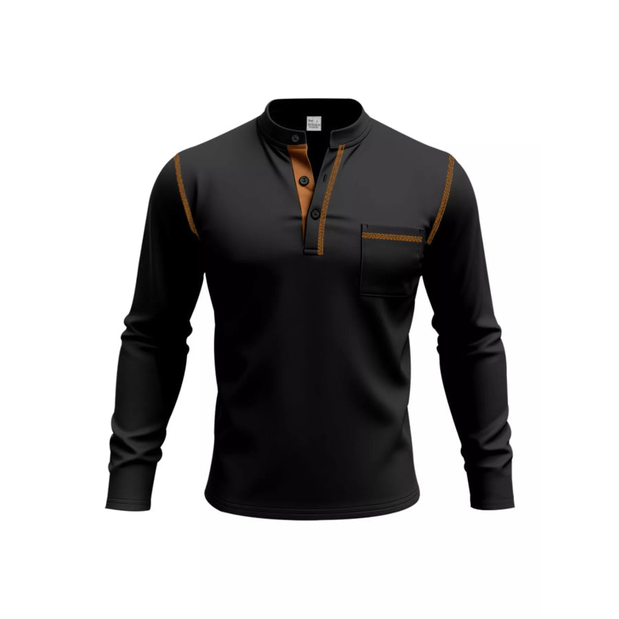 Men’s Full Size Casual Long Sleeve Henley T-Shirt with Pocket Plus Black / S Apparel and Accessories