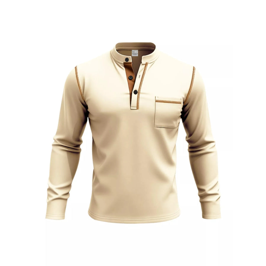 Men’s Full Size Casual Long Sleeve Henley T-Shirt with Pocket Plus Khaki / S Apparel and Accessories
