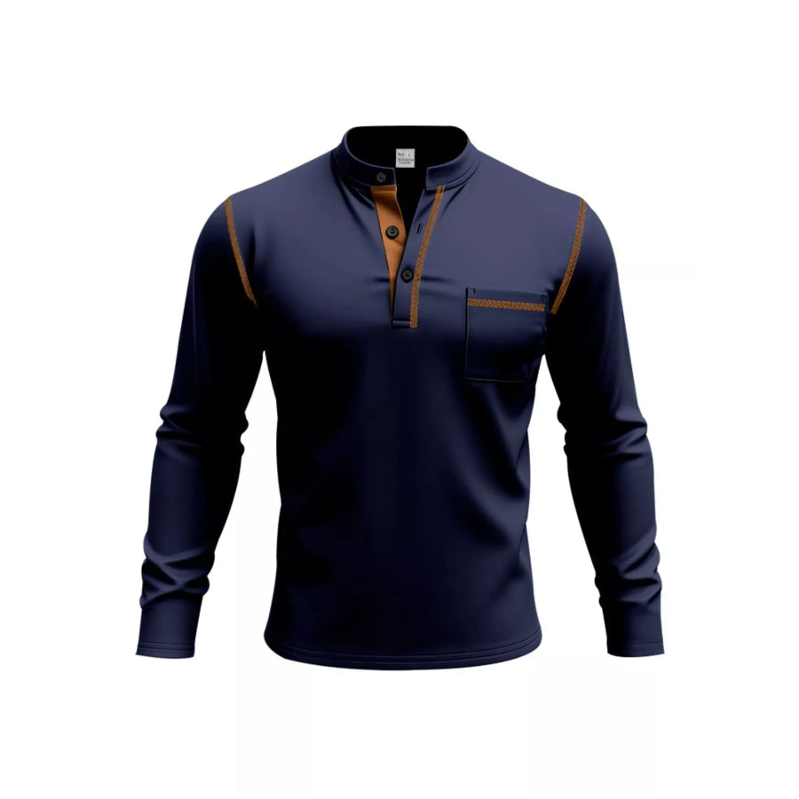 Men’s Full Size Casual Long Sleeve Henley T-Shirt with Pocket Plus Navy Blue / S Apparel and Accessories
