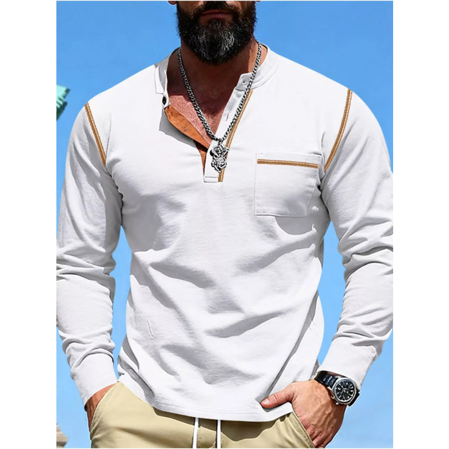Men’s Full Size Casual Long Sleeve Henley T-Shirt with Pocket Plus White / S Apparel and Accessories