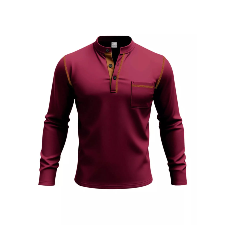 Men’s Full Size Casual Long Sleeve Henley T-Shirt with Pocket Plus Wine Red / S Apparel and Accessories