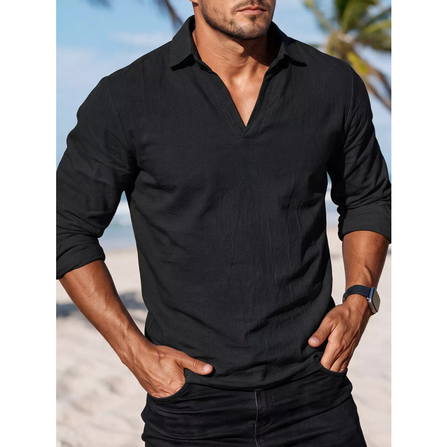 Men’s Full Size Casual Long Sleeve Linen-Blend Shirt Plus Size Black / S Apparel and Accessories
