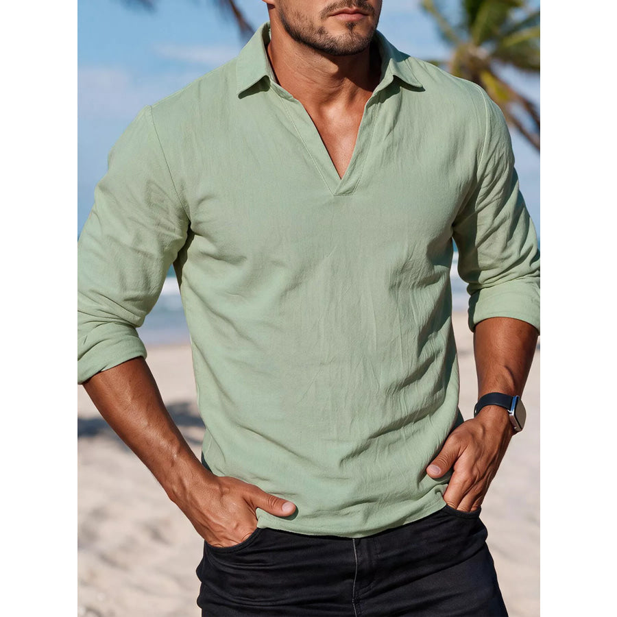 Men’s Full Size Casual Long Sleeve Linen-Blend Shirt Plus Size Light Green / S Apparel and Accessories