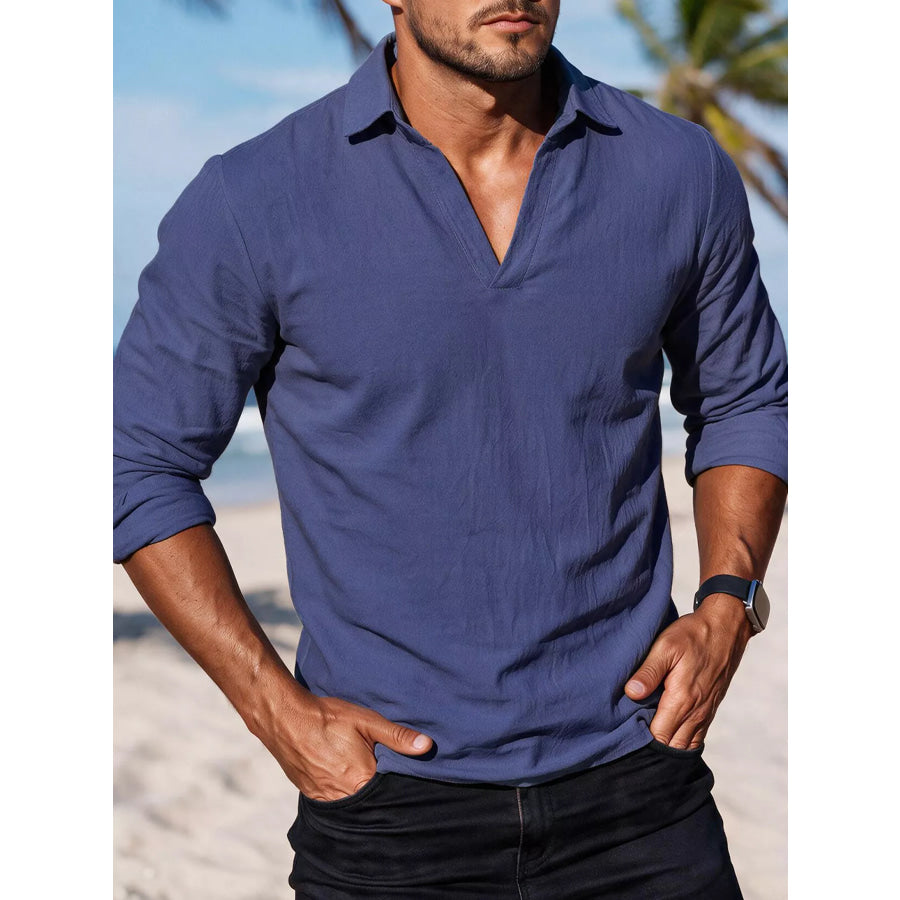 Men’s Full Size Casual Long Sleeve Linen-Blend Shirt Plus Size Navy / S Apparel and Accessories