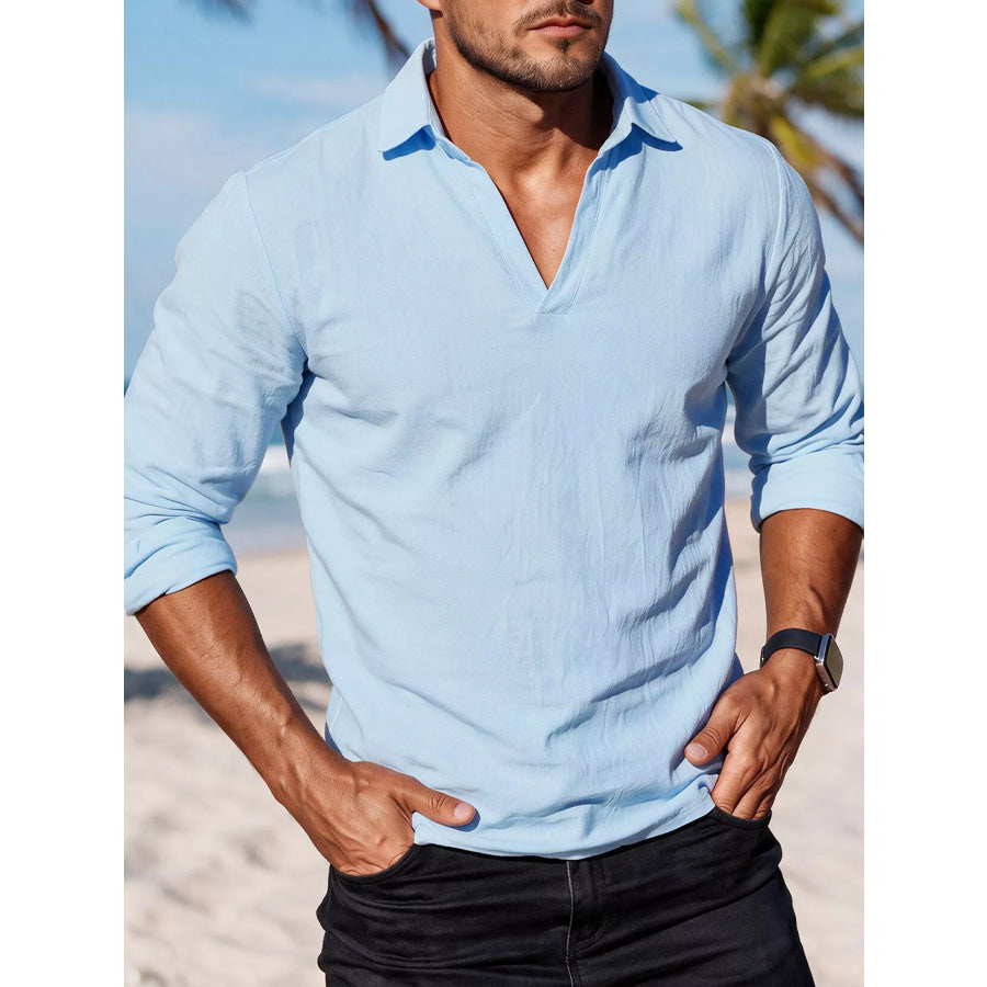 Men’s Full Size Casual Long Sleeve Linen-Blend Shirt Plus Size Sky Blue / S Apparel and Accessories