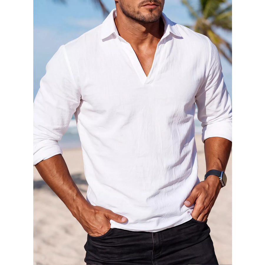 Men’s Full Size Casual Long Sleeve Linen-Blend Shirt Plus Size White / S Apparel and Accessories