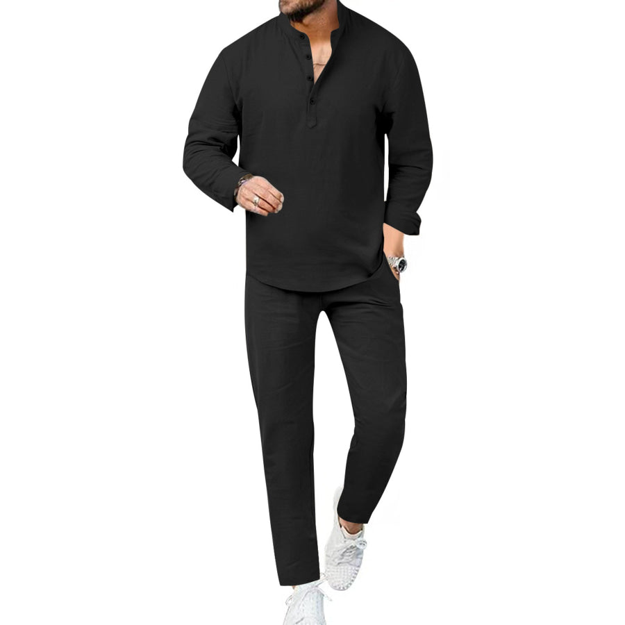 Men’s Full Size Casual Long Sleeve Shirt and Pants Set Plus Size Black / S Apparel and Accessories