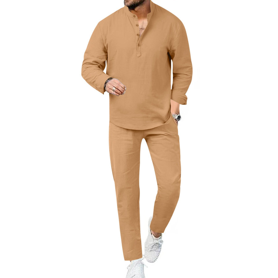 Men’s Full Size Casual Long Sleeve Shirt and Pants Set Plus Size Earthy Yellow / S Apparel and Accessories