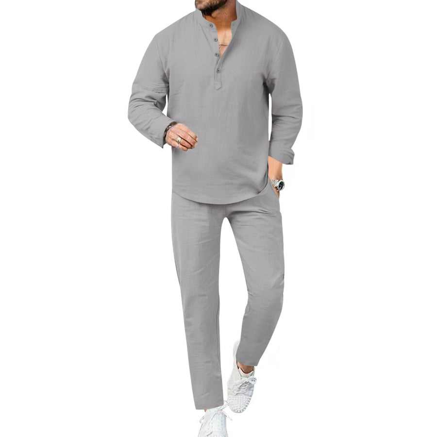 Men’s Full Size Casual Long Sleeve Shirt and Pants Set Plus Size Grey / S Apparel and Accessories