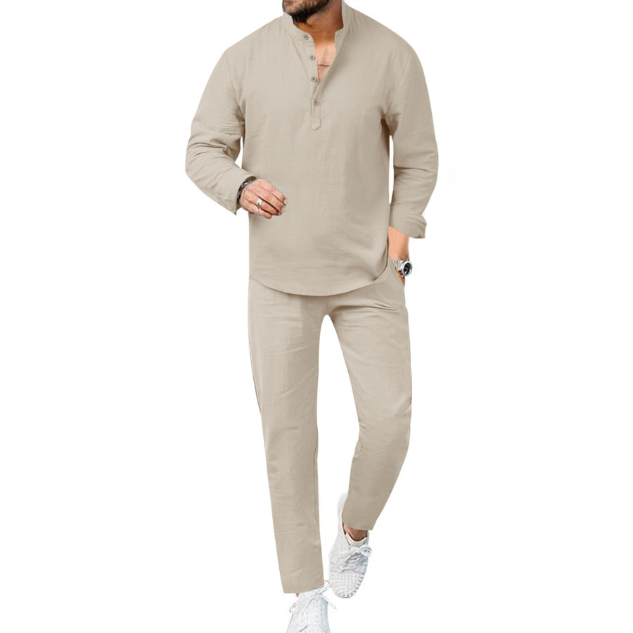 Men’s Full Size Casual Long Sleeve Shirt and Pants Set Plus Size Khaki / S Apparel and Accessories