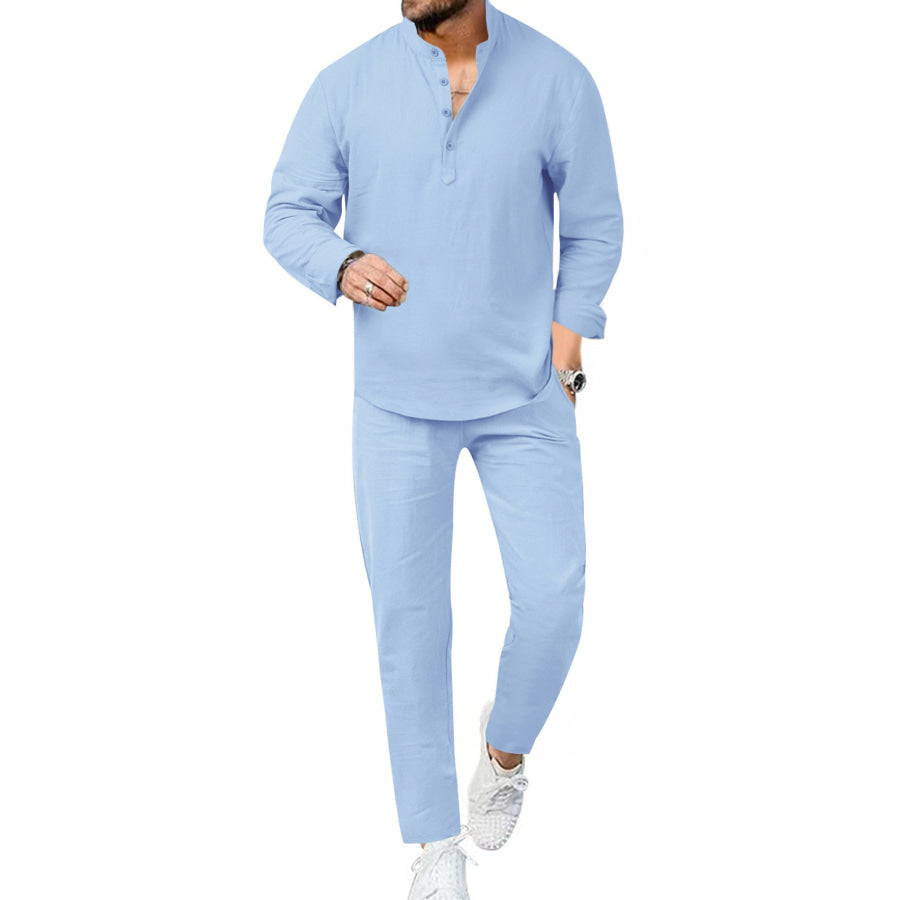 Men’s Full Size Casual Long Sleeve Shirt and Pants Set Plus Size Light Blue / S Apparel and Accessories