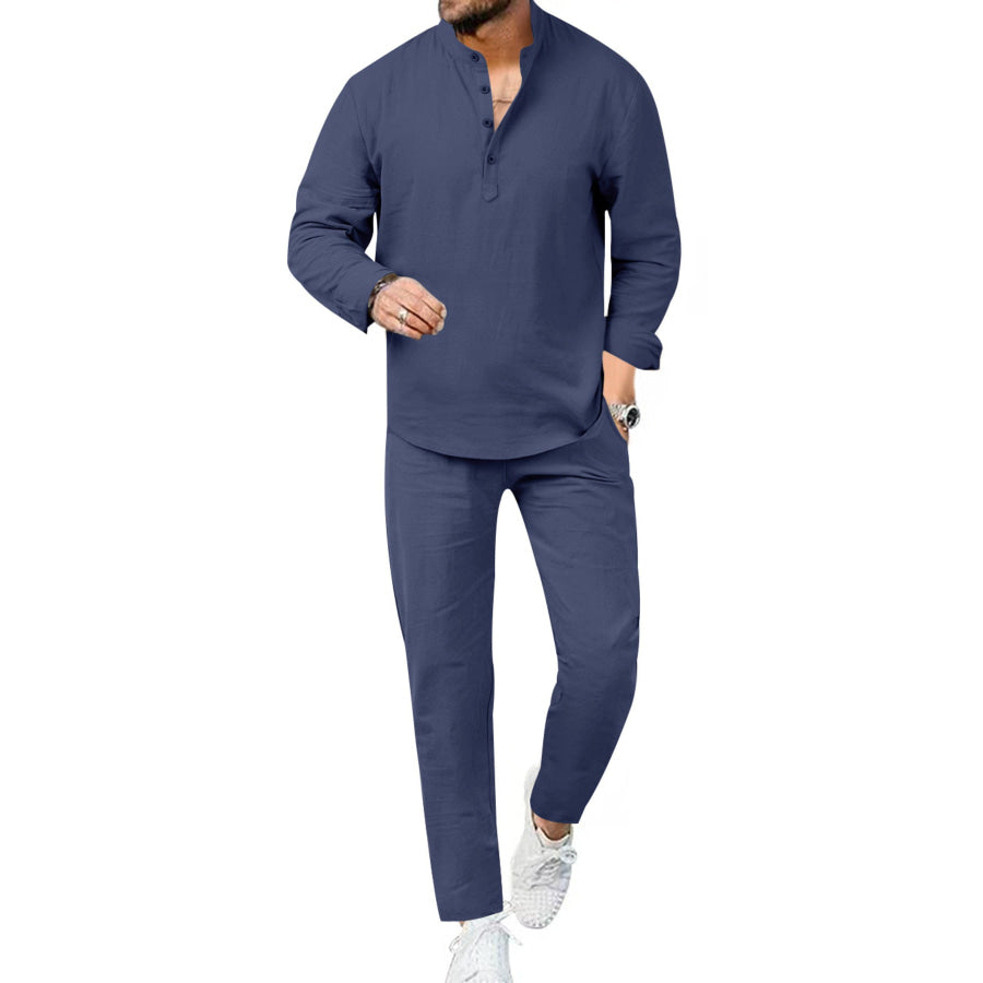 Men’s Full Size Casual Long Sleeve Shirt and Pants Set Plus Size Navy Blue / S Apparel and Accessories