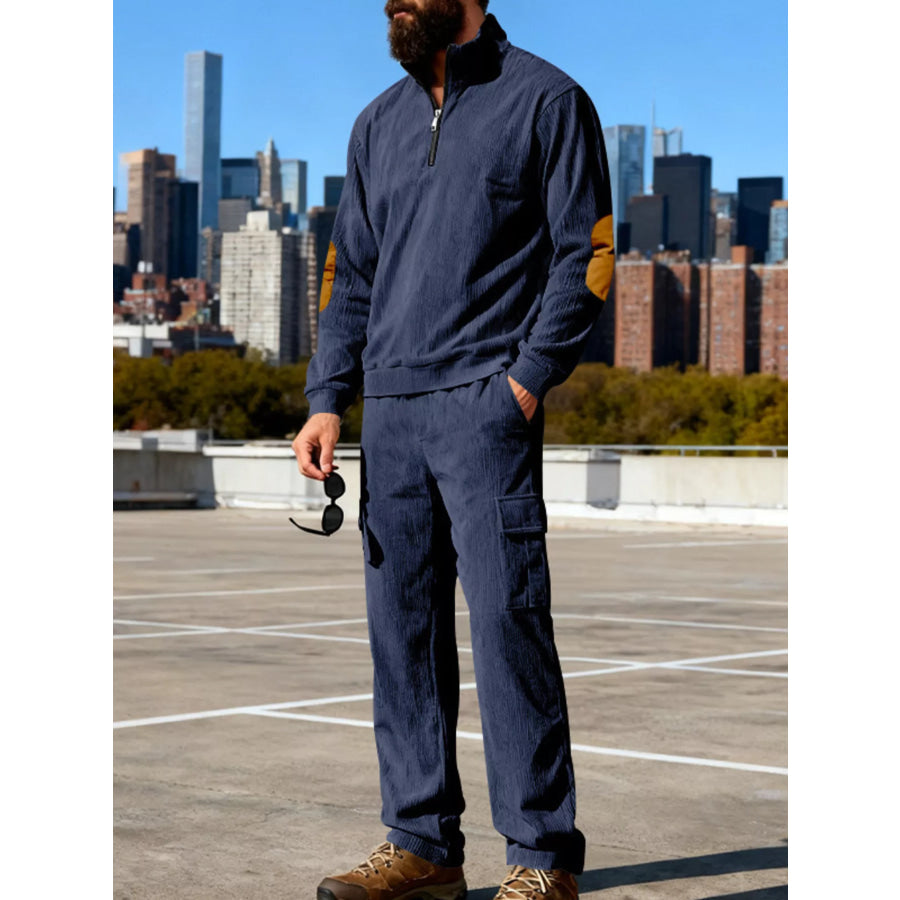 Men’s Full Size Casual Long Sleeve Top & Pants Set Plus Size Navy Blue / S Apparel and Accessories