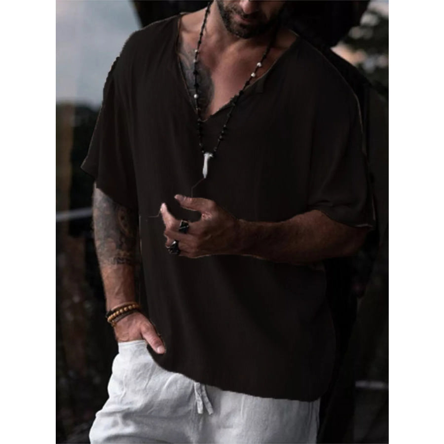 Men’s Full Size Casual Loose Short Sleeve Blouse Plus Size Black / S Apparel and Accessories