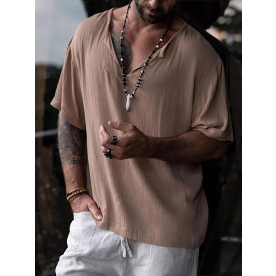 Men’s Full Size Casual Loose Short Sleeve Blouse Plus Size Khaki / S Apparel and Accessories
