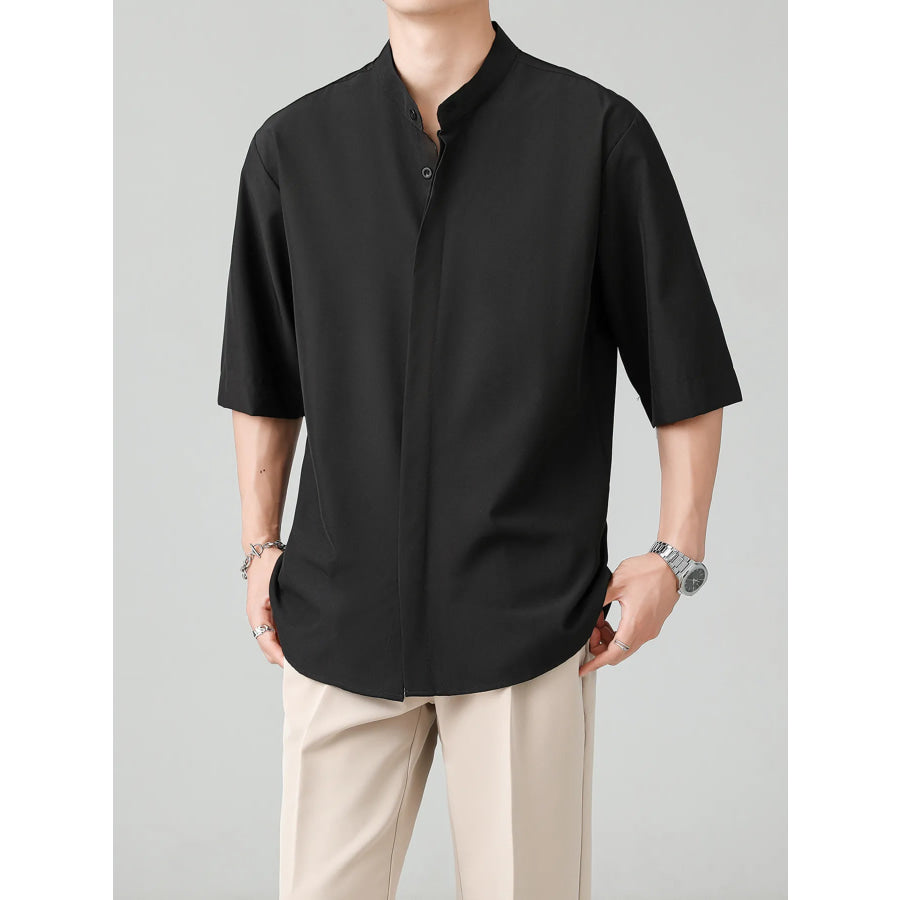 Men’s Full Size Casual Mandarin Collar Half Sleeve Shirt Plus Size Black / S Apparel and Accessories