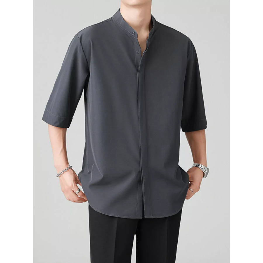 Men’s Full Size Casual Mandarin Collar Half Sleeve Shirt Plus Size Dark Gray / S Apparel and Accessories